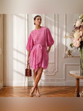 GANNI Pink Crinkled Satin Mini Dress Belted Puff Sleeve Scandinavian Designer